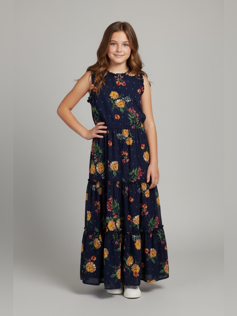 Zunie Navy Floral Maxi Dress Long Tired Ruffle Trim Vibrant Girls M 10-12